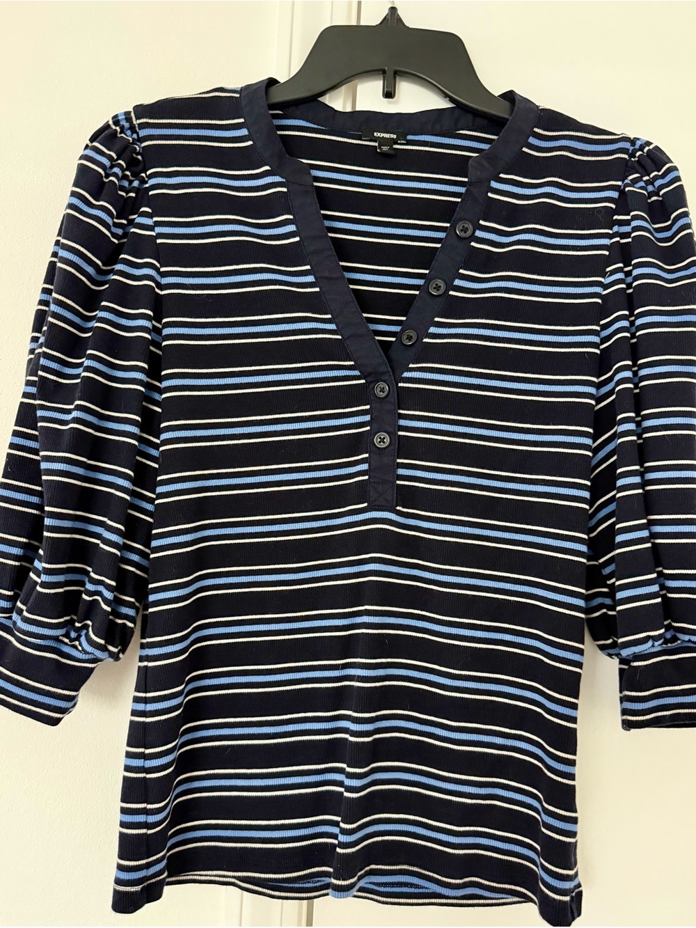 Express Navy & Light Blue Striped Puff-Sleeve Henley
